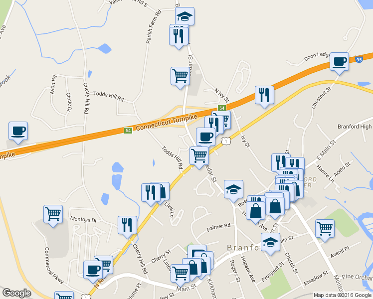 map of restaurants, bars, coffee shops, grocery stores, and more near 76 Cedar Knolls Drive in Branford