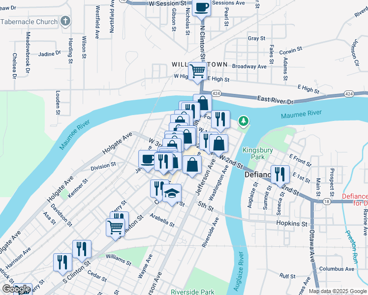 map of restaurants, bars, coffee shops, grocery stores, and more near 346 Clinton Street in Defiance