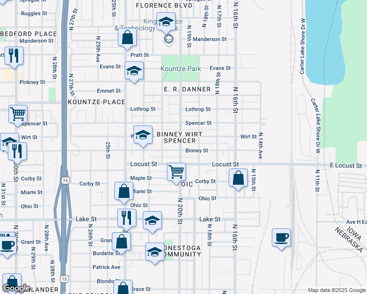 map of restaurants, bars, coffee shops, grocery stores, and more near 1924 Binney Street in Omaha