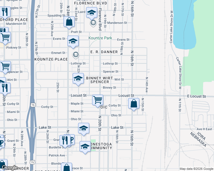 map of restaurants, bars, coffee shops, grocery stores, and more near 1910 Binney Street in Omaha