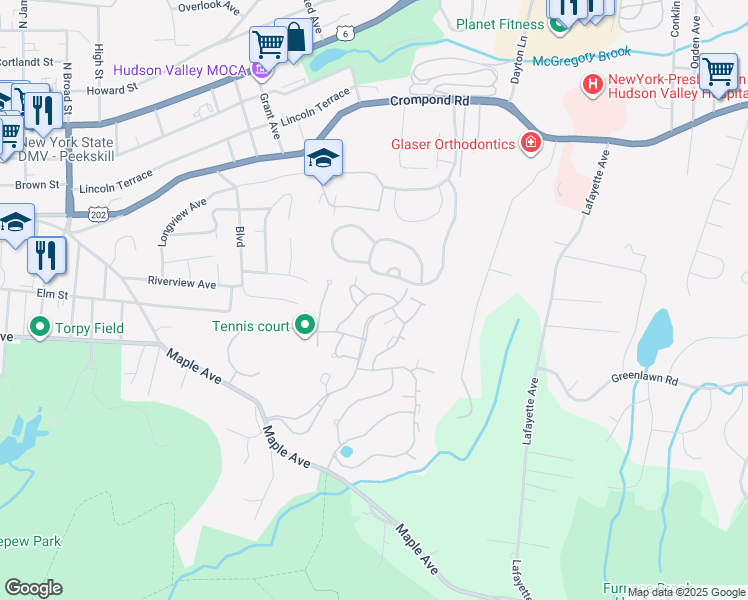 map of restaurants, bars, coffee shops, grocery stores, and more near 203 Stoneway Lane in Peekskill