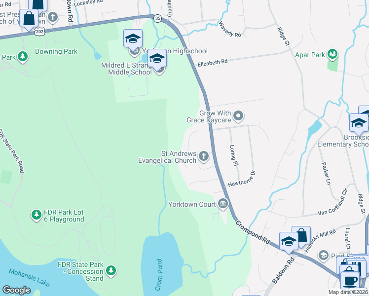 map of restaurants, bars, coffee shops, grocery stores, and more near 2327 Vista Court in Yorktown Heights