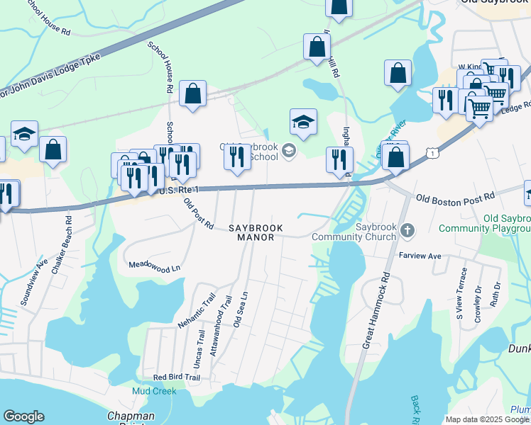 map of restaurants, bars, coffee shops, grocery stores, and more near 5 Aqua Terra Lane in Old Saybrook