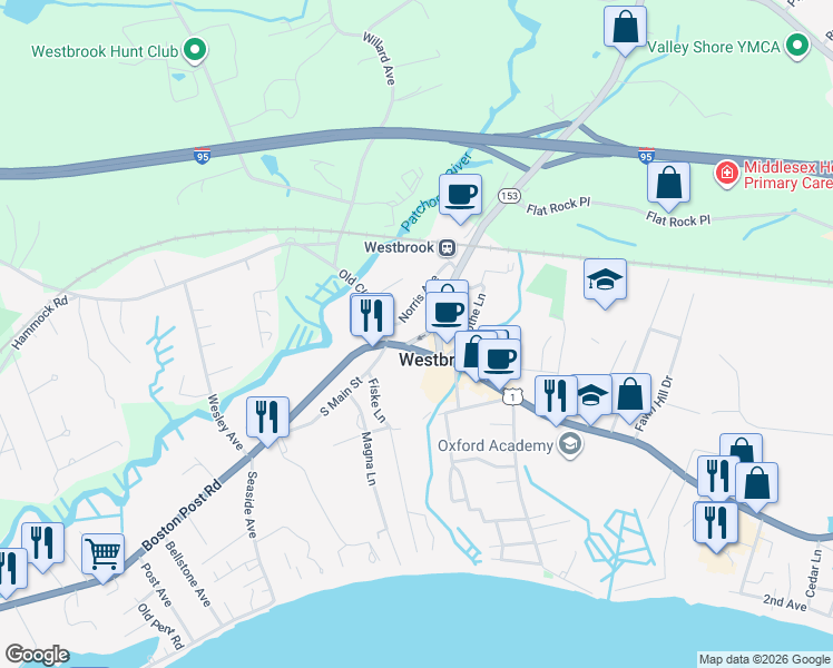 map of restaurants, bars, coffee shops, grocery stores, and more near in Westbrook