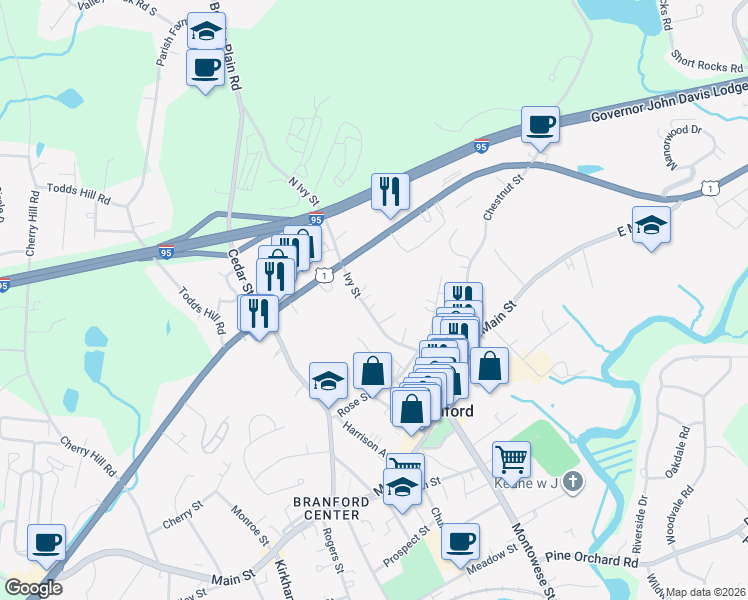 map of restaurants, bars, coffee shops, grocery stores, and more near 79 Ivy Street in Branford