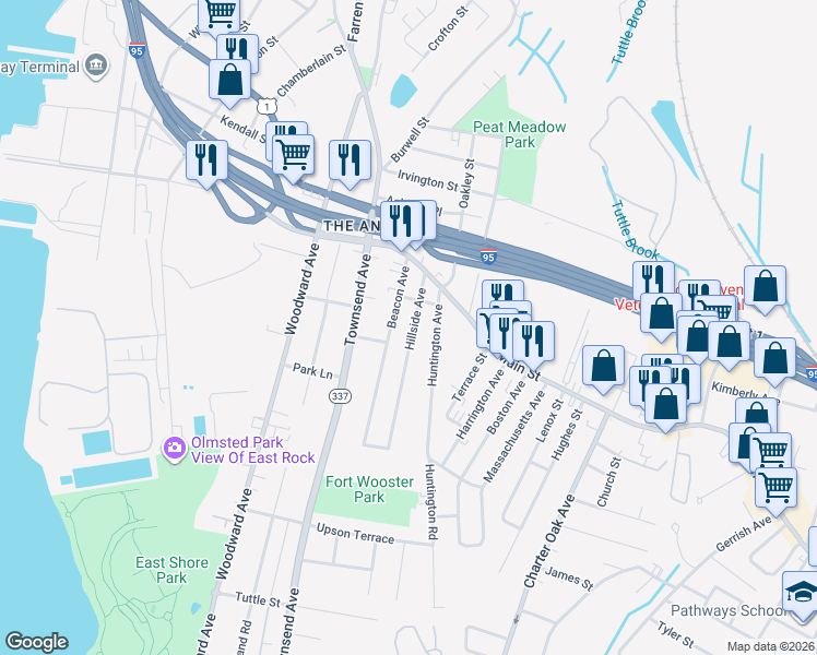 map of restaurants, bars, coffee shops, grocery stores, and more near 122 Hillside Avenue in New Haven