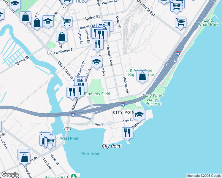 map of restaurants, bars, coffee shops, grocery stores, and more near 180 Howard Avenue in New Haven