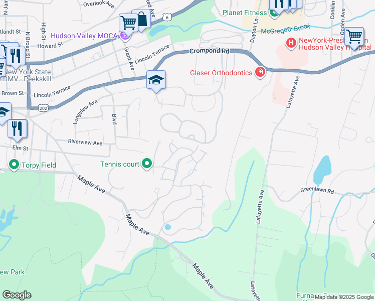 map of restaurants, bars, coffee shops, grocery stores, and more near 203 Stoneway Lane in Peekskill
