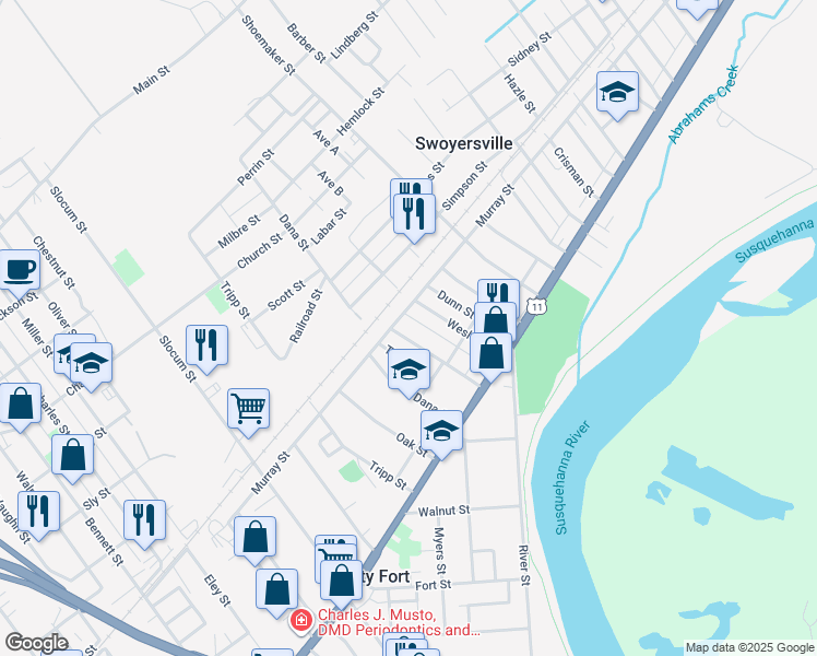 map of restaurants, bars, coffee shops, grocery stores, and more near 102 Bedford Street in Forty Fort