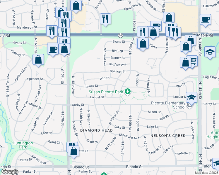 map of restaurants, bars, coffee shops, grocery stores, and more near 2918 North 152nd Street in Omaha