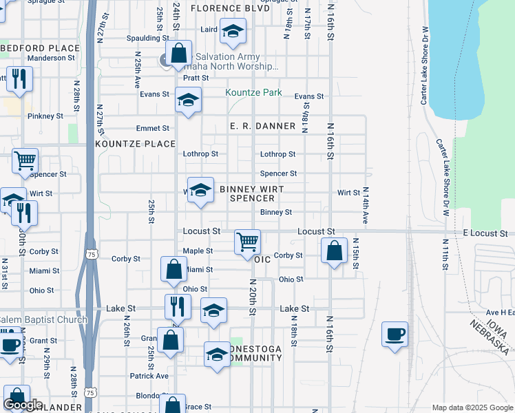 map of restaurants, bars, coffee shops, grocery stores, and more near 1924 Binney Street in Omaha