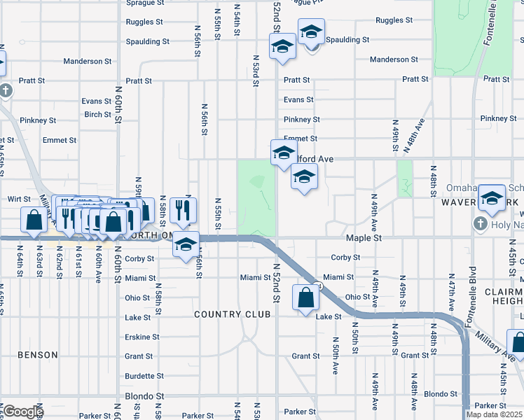 map of restaurants, bars, coffee shops, grocery stores, and more near 2936 North 52nd Street in Omaha