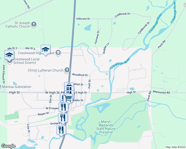 map of restaurants, bars, coffee shops, grocery stores, and more near 10828 Park Street in Mantua