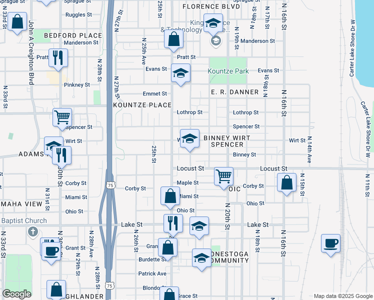 map of restaurants, bars, coffee shops, grocery stores, and more near 2218 Binney Street in Omaha