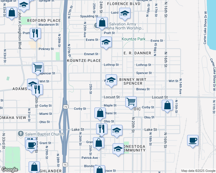 map of restaurants, bars, coffee shops, grocery stores, and more near 2218 Binney Street in Omaha