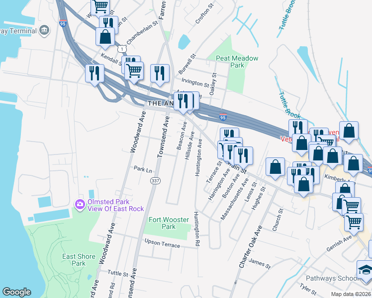 map of restaurants, bars, coffee shops, grocery stores, and more near 122 Hillside Avenue in New Haven