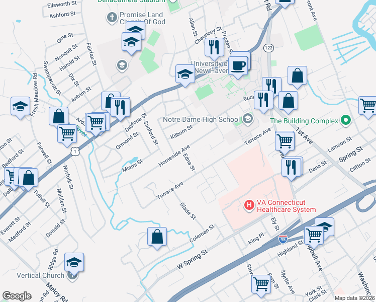 map of restaurants, bars, coffee shops, grocery stores, and more near 78 Homeside Avenue in West Haven