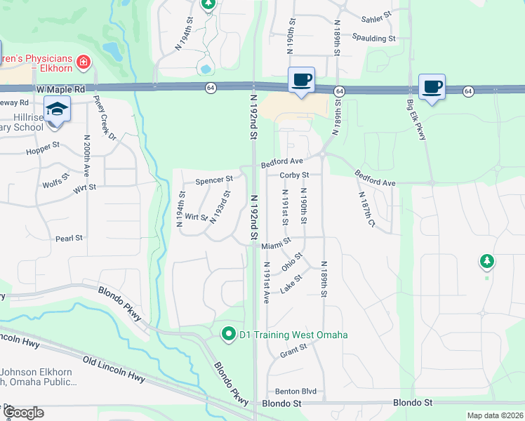 map of restaurants, bars, coffee shops, grocery stores, and more near 2716 North 191st Avenue in Omaha