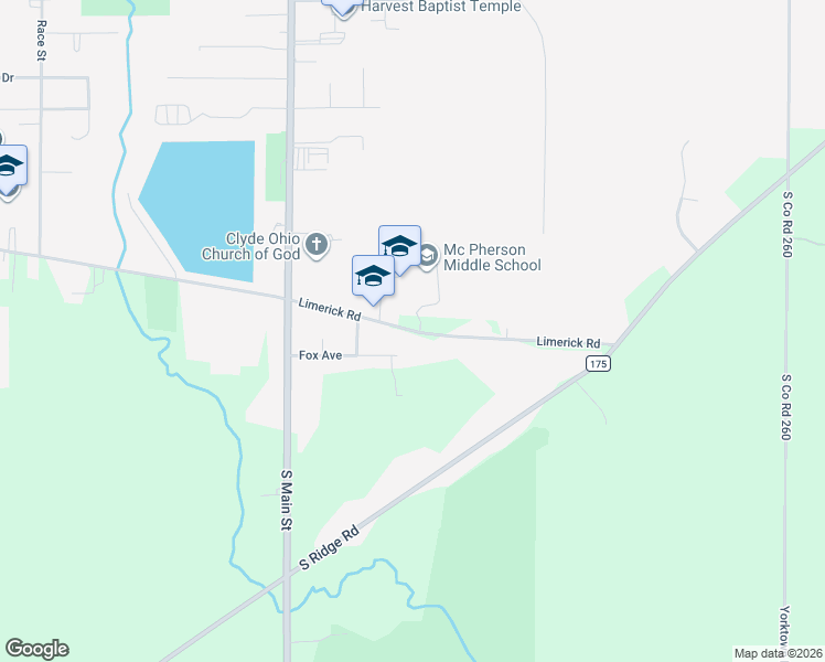 map of restaurants, bars, coffee shops, grocery stores, and more near 4241 County Road 197 in Clyde