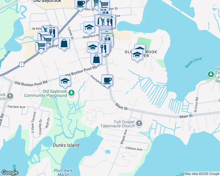 map of restaurants, bars, coffee shops, grocery stores, and more near 1 Maple Court in Old Saybrook