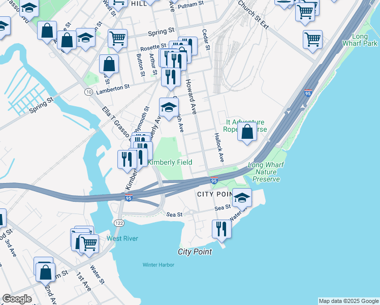 map of restaurants, bars, coffee shops, grocery stores, and more near 180 Howard Avenue in New Haven