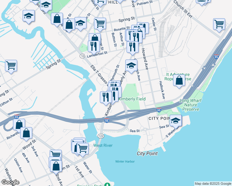 map of restaurants, bars, coffee shops, grocery stores, and more near 236 Kimberly Avenue in New Haven