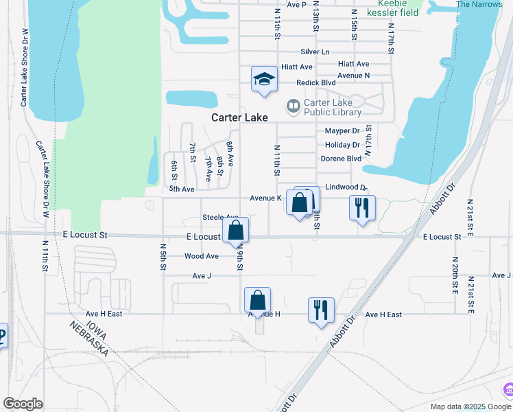 map of restaurants, bars, coffee shops, grocery stores, and more near 2929 North 9th Street in Carter Lake