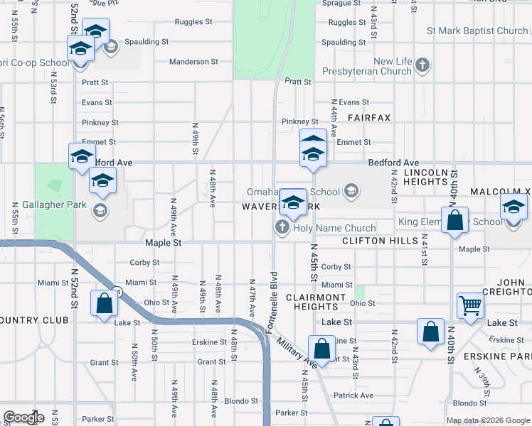 map of restaurants, bars, coffee shops, grocery stores, and more near 2932 Fontenelle Boulevard in Omaha