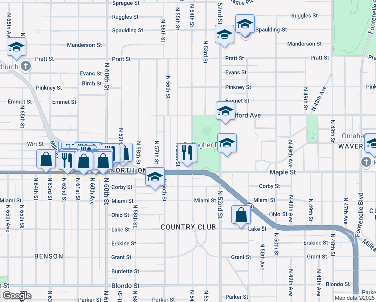 map of restaurants, bars, coffee shops, grocery stores, and more near 2925 North 55th Street in Omaha