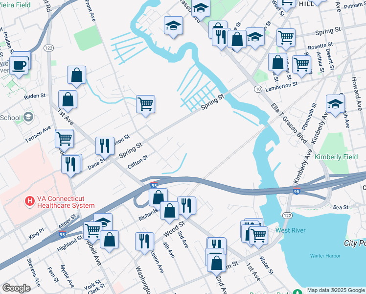 map of restaurants, bars, coffee shops, grocery stores, and more near 28 Thill Street in West Haven