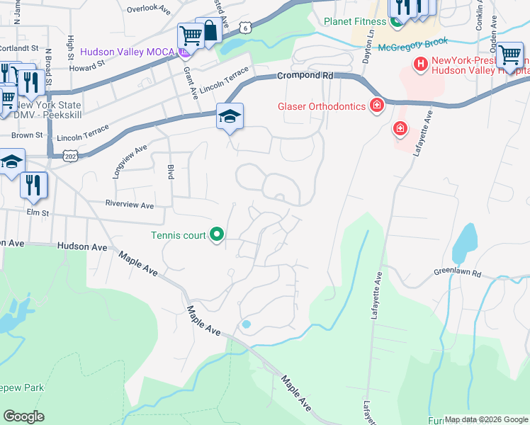map of restaurants, bars, coffee shops, grocery stores, and more near 203 Stoneway Lane in Peekskill