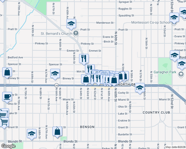 map of restaurants, bars, coffee shops, grocery stores, and more near 6152 Military Avenue in Omaha