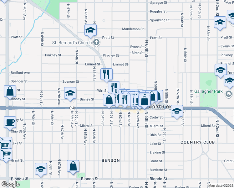 map of restaurants, bars, coffee shops, grocery stores, and more near 6135 Military Avenue in Omaha