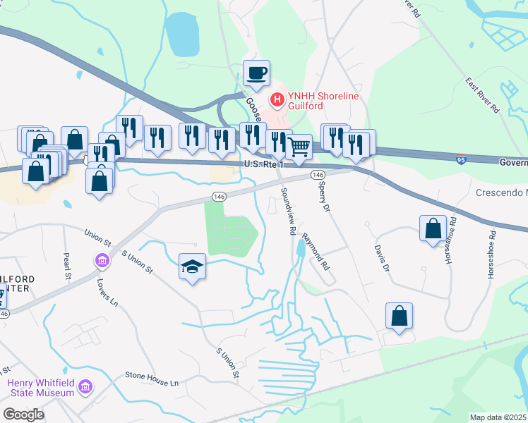 map of restaurants, bars, coffee shops, grocery stores, and more near 1-79 Soundview Rd in Guilford