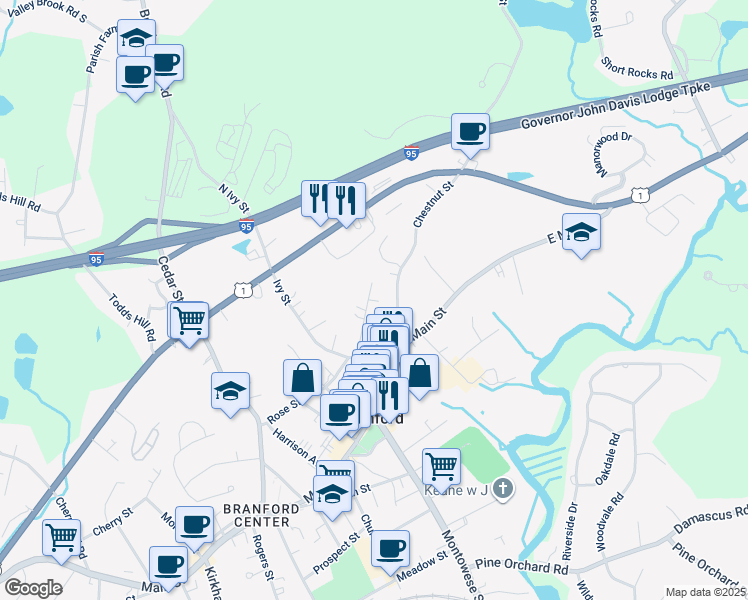 map of restaurants, bars, coffee shops, grocery stores, and more near 30 Chestnut Street in Branford