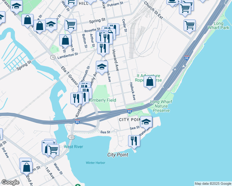 map of restaurants, bars, coffee shops, grocery stores, and more near 180 Howard Avenue in New Haven