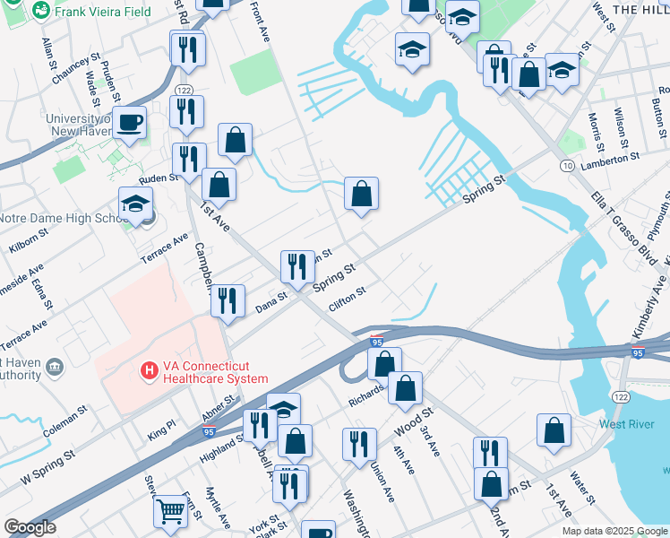 map of restaurants, bars, coffee shops, grocery stores, and more near 137 Spring Street in New Haven