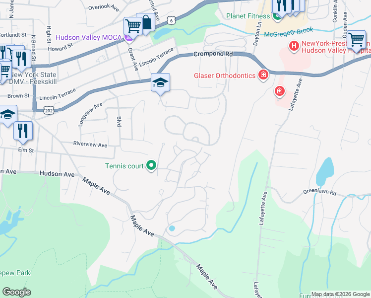 map of restaurants, bars, coffee shops, grocery stores, and more near 203 Stoneway Lane in Peekskill