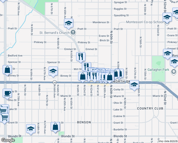 map of restaurants, bars, coffee shops, grocery stores, and more near 6135 Military Avenue in Omaha