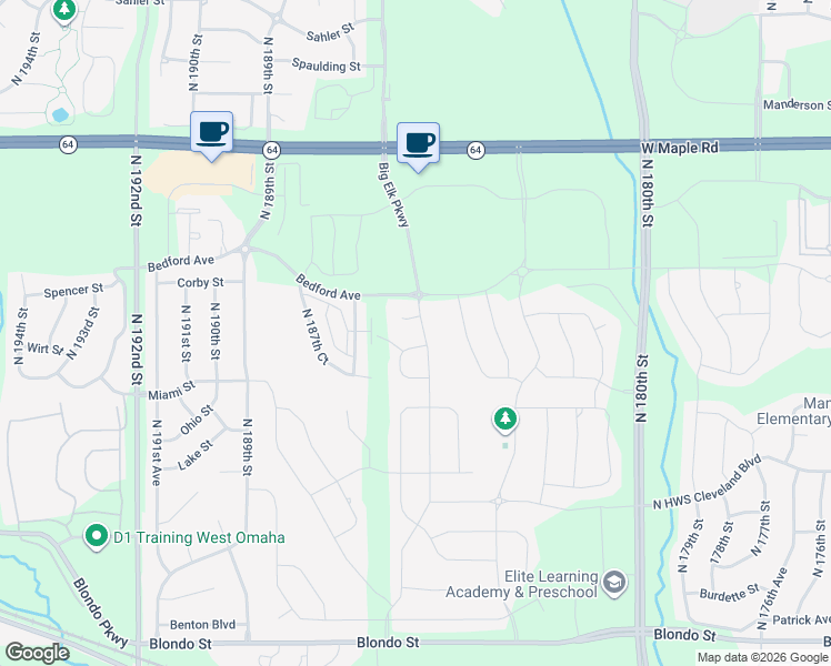 map of restaurants, bars, coffee shops, grocery stores, and more near 18501 Binney Street in Omaha