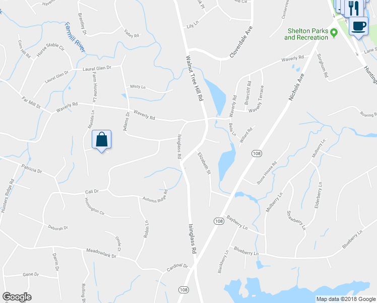 map of restaurants, bars, coffee shops, grocery stores, and more near 32 Isinglass Road in Shelton