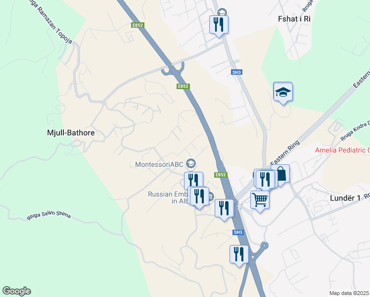 map of restaurants, bars, coffee shops, grocery stores, and more near Rruga Mehmet Husha in Mjull-Bathore