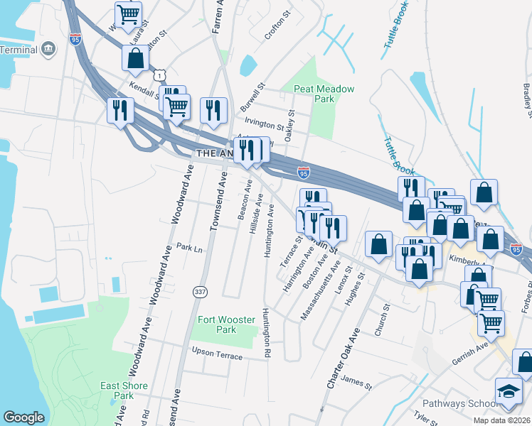 map of restaurants, bars, coffee shops, grocery stores, and more near 148 Huntington Avenue in New Haven