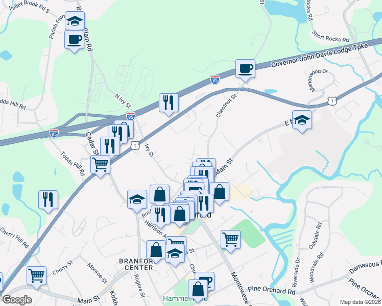 map of restaurants, bars, coffee shops, grocery stores, and more near 30 Silver Street in Branford
