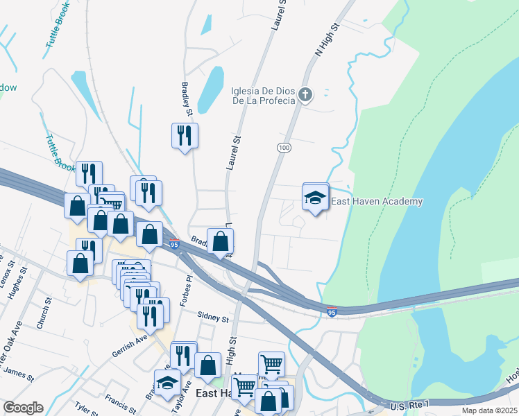 map of restaurants, bars, coffee shops, grocery stores, and more near 238 North High Street in East Haven