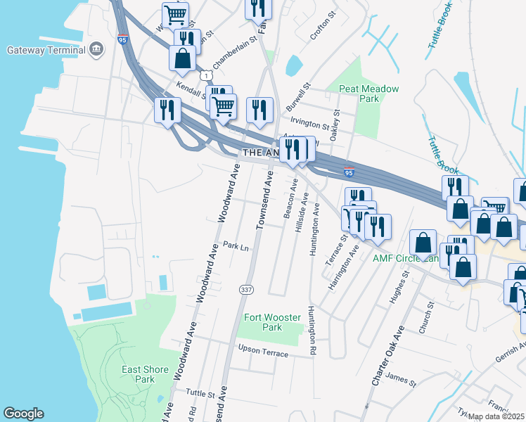 map of restaurants, bars, coffee shops, grocery stores, and more near 20 Frost Street in New Haven