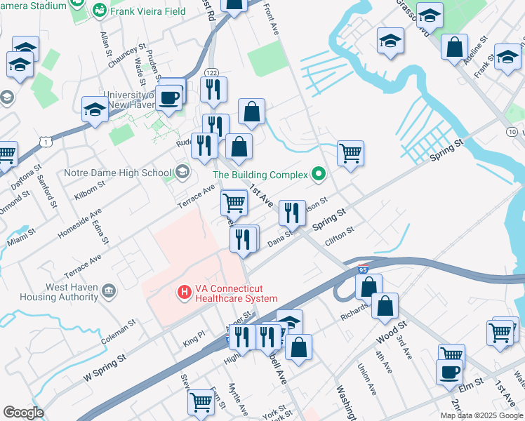 map of restaurants, bars, coffee shops, grocery stores, and more near 149 Lamson Street in West Haven