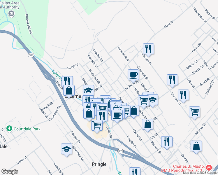map of restaurants, bars, coffee shops, grocery stores, and more near 667 Walnut Street in Luzerne