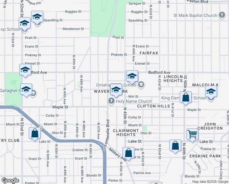 map of restaurants, bars, coffee shops, grocery stores, and more near 2901 Fontenelle Boulevard in Omaha