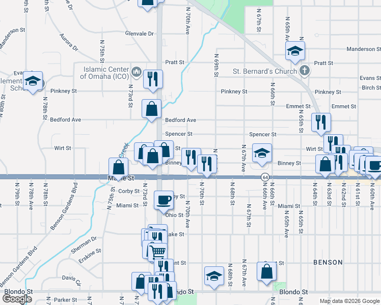 map of restaurants, bars, coffee shops, grocery stores, and more near 6938 Binney Street in Omaha